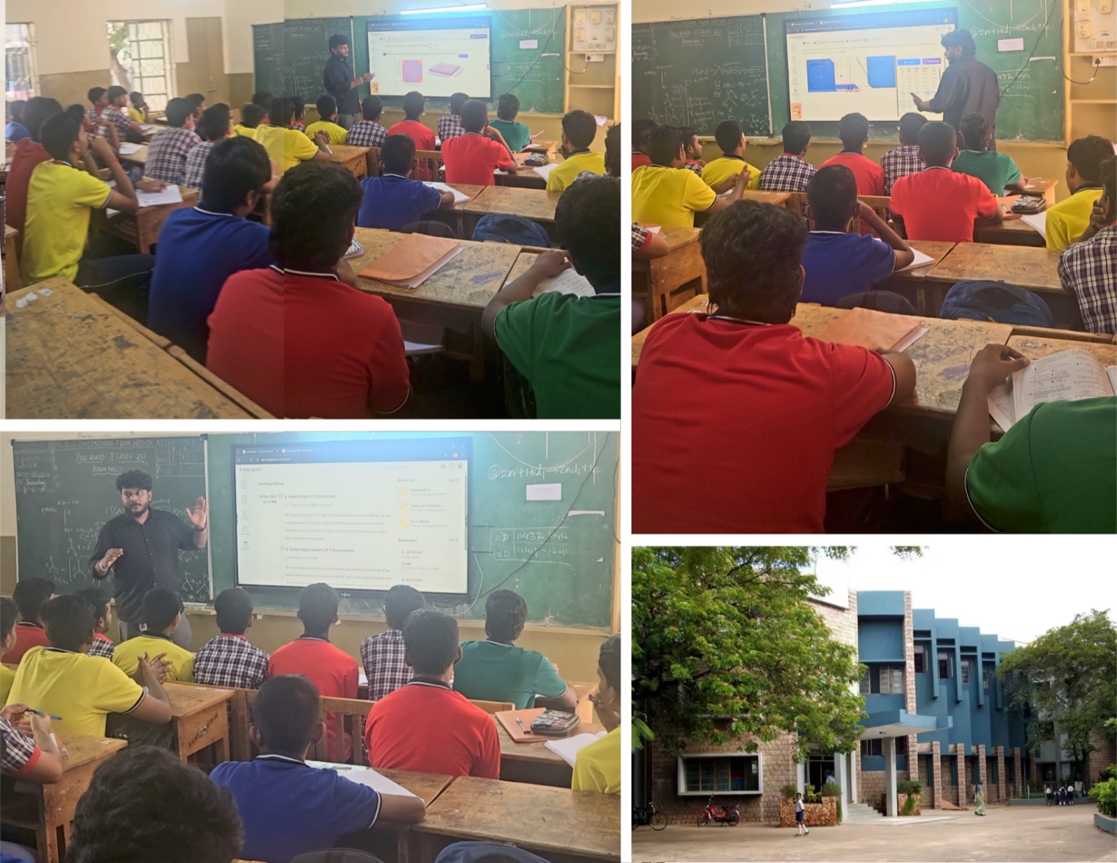 Photos from a school workshop: a trainer working through an application of derivatives problem on a classroom smart board, students in house-colour t-shirts seated at desks taking notes, the Robogebra study list and reminders on screen, and the school campus building